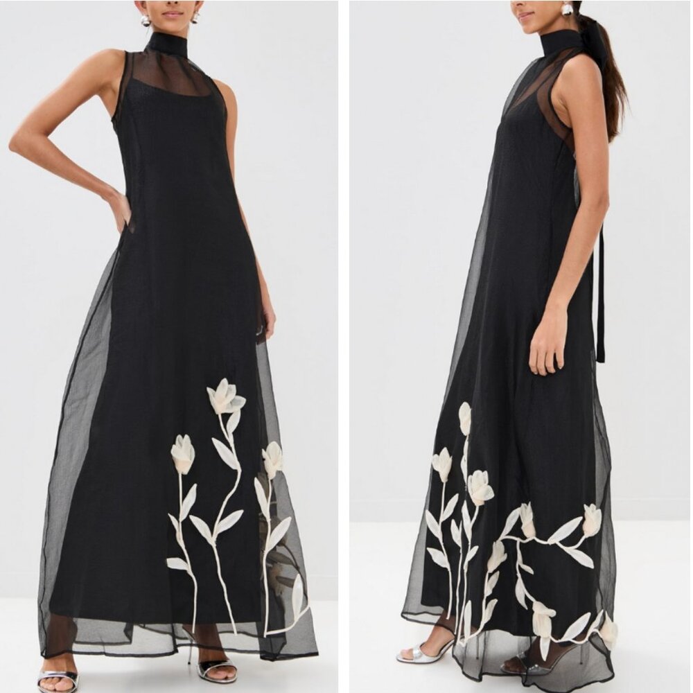 STAUD Albee Maxi Dress Gown Black White Floral Bow Cocktail Small - Picture 2 of 9